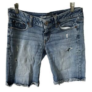 American Eagle Stretch Distressed Raw Hem Fold Up Bermuda Denim Jeans Shorts 8